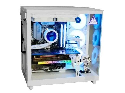 Photo of a white gaming computer with blue LED lights.